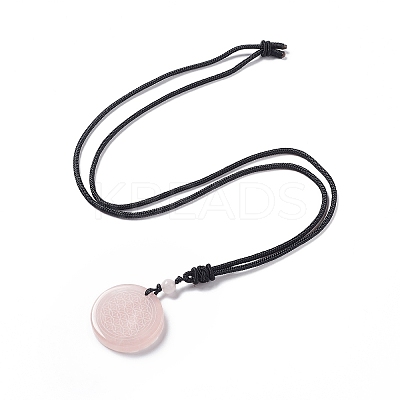 Natural Rose Quartz Flat Round with Flower of Life Pendant Necklace with Nylon Cord for Women NJEW-P274-02-06-1