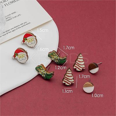 4 Pairs Santa Claus & Boot & Christmas Tree Printed Wood Stud Earrings EJEW-OY001-03-1
