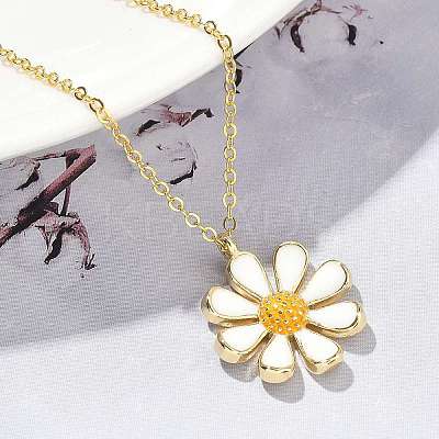 Brass White Enamel Flower Pendant Necklaces for Women NJEW-S449-07G-1