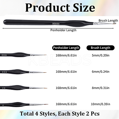 8Pcs 4 Styles Liner Detail Fine Paint Brushes AJEW-DJ0002-40-1