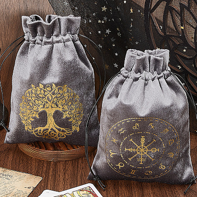 2Pcs 2 Styles Rectangle Gold Stamping Velvet Tarot Storage Drawstring Bags for Divination ABAG-CN0001-54-1
