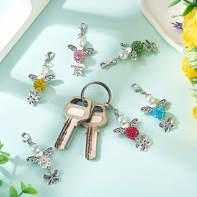 6Pcs 6 Colors Angel & Butterfly Alloy Beaded & Polymer Clay Pave Rhinestone Beaded Pendant Decoration HJEW-TA00339-1