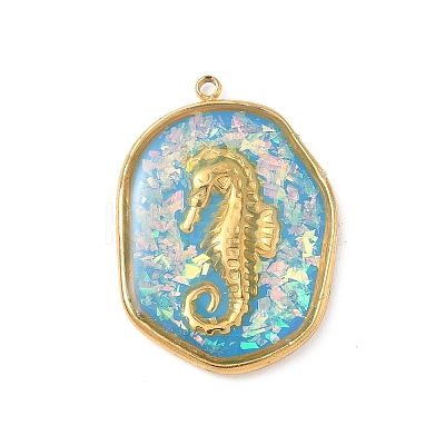 304 Stainless Steel Epoxy Resin with Natural Shell and Sequins Inside Pendants STAS-L026-17G-M03-1