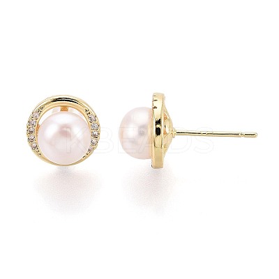 Half Round Brass Micro Pave Clear Cubic Zirconia Stud Earrings PEAR-N017-07I-1