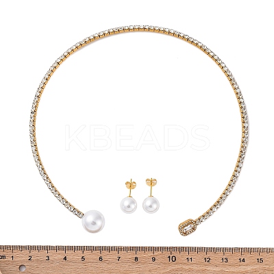 Round Plastic Imitation Pearl Stud Earrings & Rectangle Cubic Zirconia Rhinestone Cuff Choker Necklaces Sets SJEW-U003-06G-1
