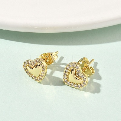 Heart Brass Micro Pave Clear Cubic Zirconia Stud Earrings EJEW-P336-03G-1