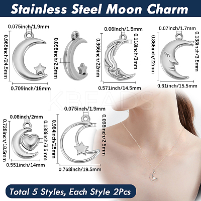 10Pcs 5 Styles 304 Stainless Steel Pendants STAS-BBC0006-88-1