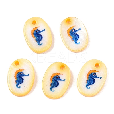 Natural Freshwater Shell Double Face Printed Oval Charms SHEL-T020-05H-1