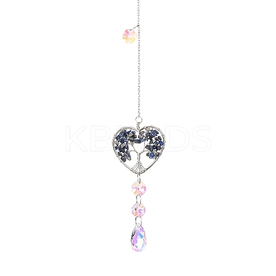 Wire Wrapped Natural Lapis Lazuli Heart with Tree of Life Pendant Decorations HJEW-K046-02P-08-1