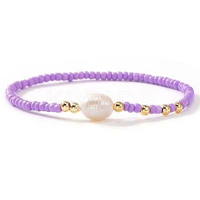 Brass & Glass & Natural Freshwater Pearls Beads Stretch Bracelets for Women OA4246-2-1
