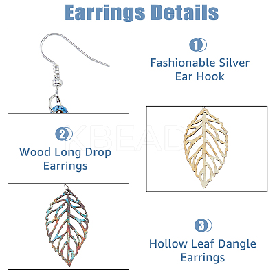 4 Pairs 4 Style Wood Hollow Leaf Dangle Earrings EJEW-FI0001-95-1