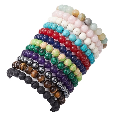 12Pcs 12 Styles 8mm Mixed Gemstone Round Beaded Stretch Bracelets Sets BJEW-JB10929-1