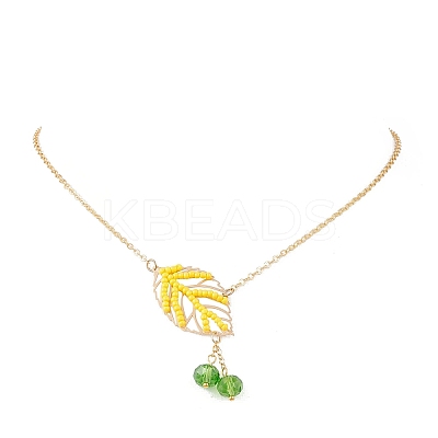 Handmade Glass Seed Beaded Leaf Shape Pendant Brass Cable Chain Necklaces for Women NJEW-MZ00127-03-1