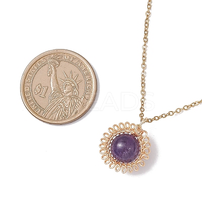 Natural Amethyst Copper Wire Wrapped Flower Pendant 304 Stainless Steel Cable Chain Necklaces for Women NJEW-JN05616-01-1