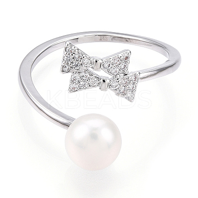 Natural Pearl Finger Open Cuff  Ring Micro Pave Clear Cubic Zirconia PEAR-N022-C03-1