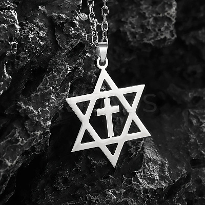 201 Stainless Steel Star of David with Cross Pendant Necklaces FS-WG42B24-01-1