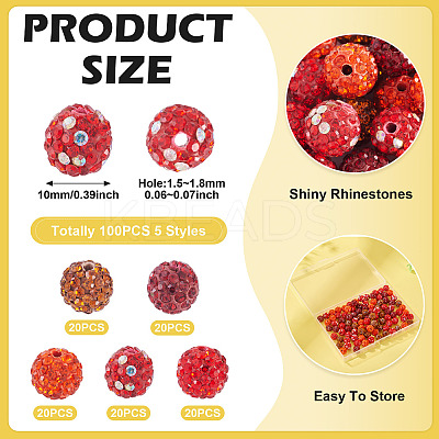 100Pcs 5 Colors Pave Disco Ball Beads RB-TA0001-25-1