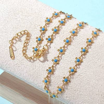 Bohemian 304 Stainless Steel Enamel Deep Sky Blue Flower Link Chain Necklaces for Women NJEW-Z061-01G-1
