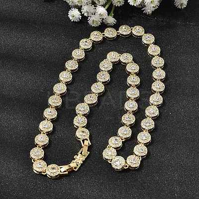 Brass Micro Pave Clear Cubic Zirconia Flat Round Link Chain Necklaces for Women NJEW-B157-18G-1