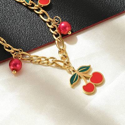 304 Stainless Steel Enamel Cherry Charm Bracelets BJEW-M095-01G-1