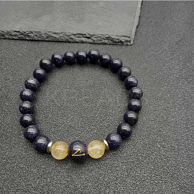 Taurus Round Synthetic Blue Goldstone & Natural Rutilated Quartz Stretch Bracelets for Women Men EA3132-12-1
