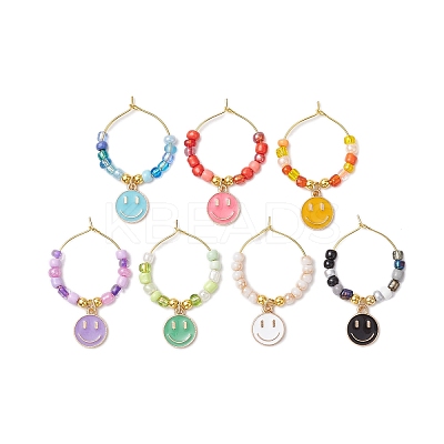 7Pcs Alloy Enamel Flat Round with Smiling Face Charms Wine Glass Charms HJEW-JM02501-1