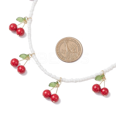 Natural Dyed Mashan Jade Red Cherry Pendant Glass Seed Beaded Necklaces for Women NJEW-TA00211-01-1