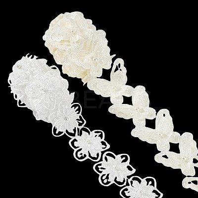2 Styles Flower & Butterfly Organza Lace Trim with Resin Imitation Pearl Beads OCOR-PH0004-62-1