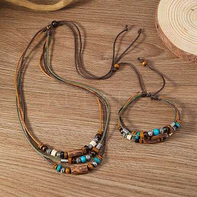 Wood & Alloy & Wax Cord Beaded Necklace & Braided Bead Style Bracelets Sets FS-WG2541A-01-1