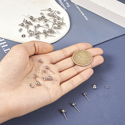 90Pcs 3 Size 202 Stainless Steel Ball Stud Earring Findings STAS-TA0002-22-1