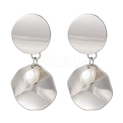 201 Stainless Steel Shell Pearl Flat Round Dangle Stud Earrings EJEW-JE06751-02-1