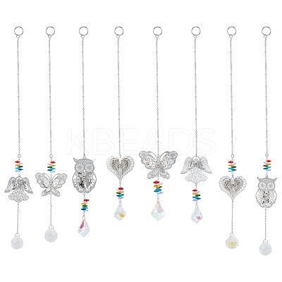 8Pcs 8 Styles Brass Hollow Heart/Owl/Angel/Butterfly Hanging Ornaments HJEW-AN0001-03-1