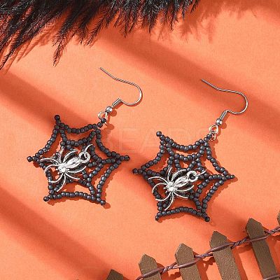 Halloween Theme Spider Web with Spider Handmade Glass Seed Beaded Dangle Earrings EJEW-MZ00481-01-1