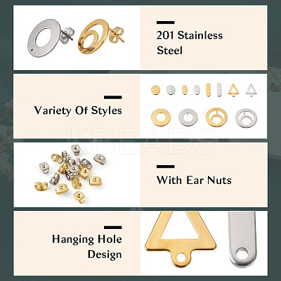 48Pcs 12 Styles 201 Stainless Steel Stud Earring Findings EJEW-TA0001-06-1