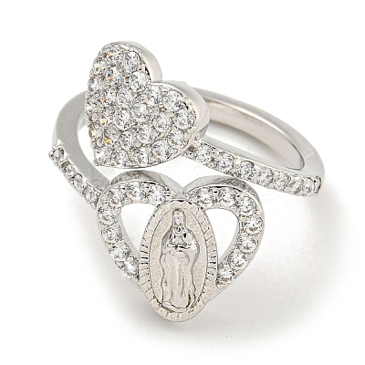 Heart & Virgin Mary Rack Plating Brass Micro Pave Cubic Zirconia Cuff Rings for Women RJEW-F162-11P-1