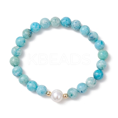 Natural Hemimorphite & Cultured Freshwater Pearl Round Beaded Stretch Bracelets for Women BJEW-JB13321-03-1