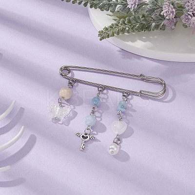 Natural Mixed Gemstone & Butterfly Charms Safety Pin Brooch JEWB-BR00101-1