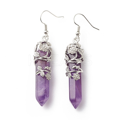 Gemstone Bullet with Flower Dangle Earrings EJEW-G300-02P-1
