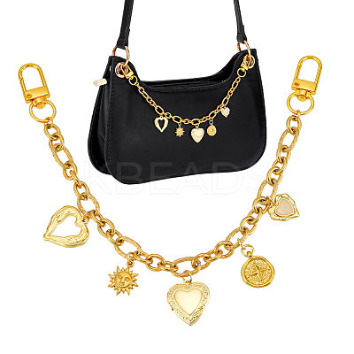 Brass Heart Locket Pendant with 304 Stainless Steel Sun Compass Pendant Oval Link Chain Bag Decorative Chains HJEW-PH02276-1