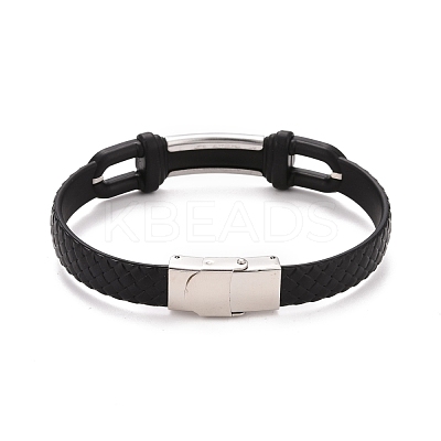 201 Stainless Steel Rectangle Link Bracelet with PU Leather Cord for Men Women BJEW-G649-07P-03-1