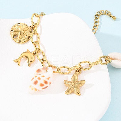 Dolphin & Starfish 304 Stainless Steel Charm Bracelets for Women BJEW-F516-01G-1