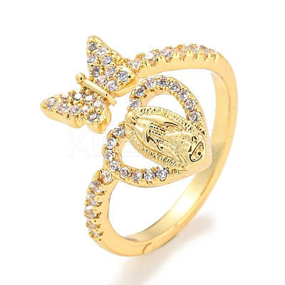 Butterfly & Heart Brass Micro Pave Cubic Zirconia Open Cuff Rings RJEW-P094-01G-1