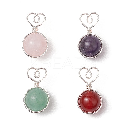 4Pcs 4 Styles Natural Rose Quartz & Green Aventurine & Amethyst & Carnelian Copper Wire Wrapped Heart Ball Pendants PALLOY-TA00215-02-1