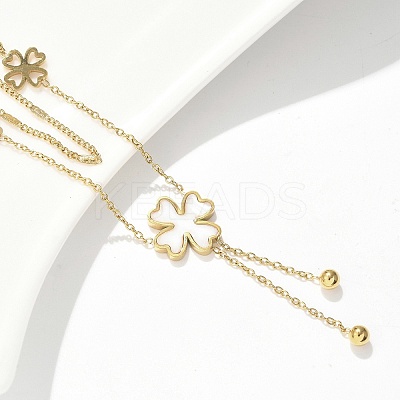 304 Stainless Steel Shell Pearl Clover Pendant Double Layered Necklaces for Women NJEW-U036-01G-1
