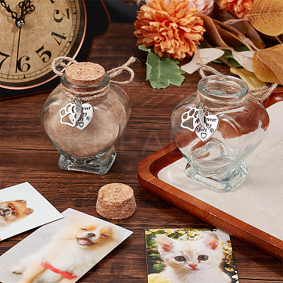 3Pcs Heart Shaped Pet Hair Memorial Bottle with Paw Print Charms AJEW-NB00002-1