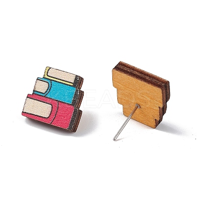 Natural Wood Stud Earrings EJEW-C013-01G-1