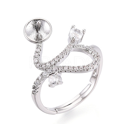 Curve Shape Brass Micro Pave Clear Cubic Zirconia Adjustable Ring Settings KK-T076-46P-1