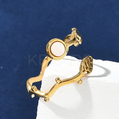 Leaf & Flat Round 304 Stainless Steel White Shell Cuff Rings for Women RJEW-G346-01G-02-1