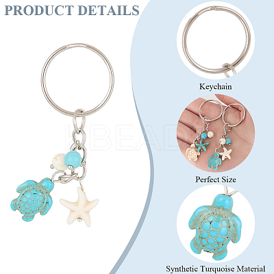20Pcs Turtle with Starfish Synthetic Turquoise Pendant Keychains KEYC-CP0001-47A-1