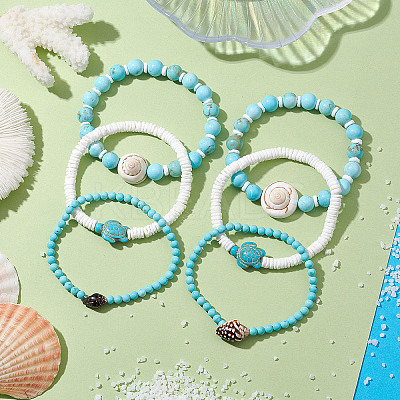 3Pcs 3 Styles Summer Beach Turtle Dyed Synthetic Turquoise & Shell Bead Bracelet Sets BJEW-JB10313-1